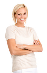 Image showing Business, fashion and portrait of happy woman with arms crossed in studio for confidence on white background. Face, smile and female entrepreneur with style, clothes or pride for cool outfit choice