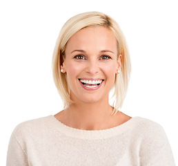 Image showing Portrait, beauty and blonde with smile of woman in studio isolated on white background for natural cosmetics. Face, aesthetic or skincare and happy young person looking satisfied with dermatology