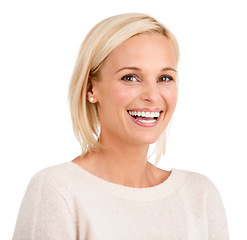Image showing Beauty, woman and studio portrait of confident person with dental smile. Happy female model and glowing skin, laughing and natural face isolated on white background for oral care and teeth whitening