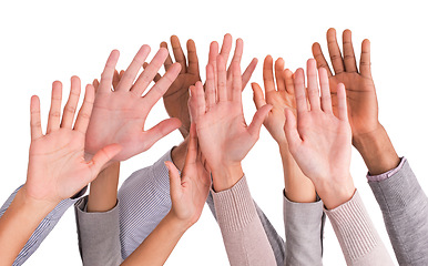 Image showing Hands, collaboration and volunteer with business people together in studio isolated on white background. Teamwork, support and question with employee group closeup as audience for success or vote