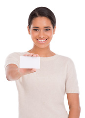 Image showing Business card, happy woman and portrait with space in studio for information on white background. Paper, face and female model show mockup for contact us, promotion or poster for startup advertising