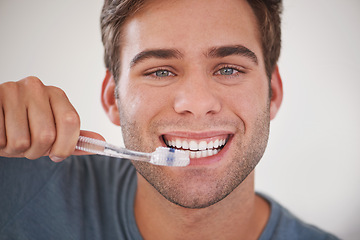 Image showing Face, man brushing teeth and toothbrush for dental and wellness, fresh breathe and tooth whitening in morning routine. Clean mouth, toothpaste and oral care with orthodontics and hygiene in portrait