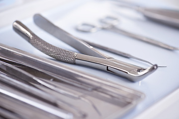 Image showing Dental, instrument and tools equipment as closeup for treatment consultation for examination, cleaning or hygiene. Explorers, scaler and teeth care for oral help for dentist checkup, tooth or forceps