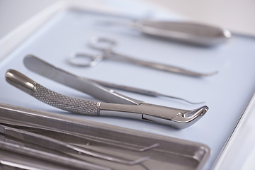 Image showing Dental, instrument and tools treatment consultation for examination, cleaning or hygiene. Equipment, explorers or scaler for teeth care or oral help for mouth checkup or dentist, tooth or forceps