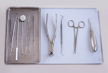 Image showing Top view of tools for dentist, steel and dental for healthcare, procedure or treatment with orthodontics. Oral hygiene, medical equipment for teeth and tray with instruments for dentistry and surgery