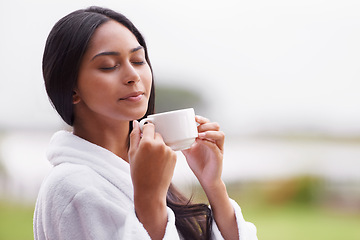 Image showing Spa, beauty and woman relax with coffee for skincare, wellness and treatment in luxury salon. Resort, garden and person for massage, therapy and cosmetics for relax, calm and self care outdoors