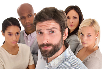 Image showing Business, people and studio portrait with serious employees, doubt and skeptical on white background. Diversity staff, professional group and leadership review for career in accounting together