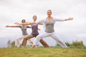 Image showing Group, yoga and women in warrior pose outdoor for healthy body, exercise and fitness. Park, virabhadrasana and people in nature for balance, stretching and friends practice together for wellness