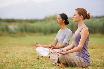 Image showing Lotus, friends and meditation outdoor for yoga, healthy body and mindfulness exercise for fitness. Peace, zen and calm women in padmasana in nature for balance, spirituality and practice for wellness