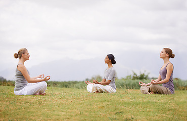 Image showing Lotus, group and meditation in nature for yoga, healthy body and mindfulness exercise to relax. Peace, instructor and calm women in padmasana outdoor on mockup, spirituality and breathing together