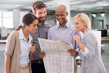 Image showing Business team, smile and reading newspaper, stock market and economic state of the company in economy trading. Diverse, colleagues and staff for career, startup and happy for agency and investment