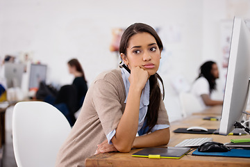 Image showing Tired, woman and bored in coworking space with computer for planning, schedule and ideas for job. Businesswoman, thinking and technology in office with depression, exhausted or burnout at desk