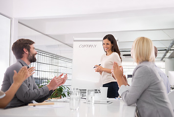 Image showing Businesswoman, presentation and boardroom meeting with applause for company vision, development or coaching. Female person, colleagues and clapping for employee collaboration, achievement or goals