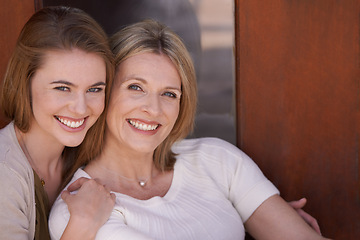 Image showing Mother, daughter and hug with smile, bonding and love for happiness at home. Women, motherhood and house for growth, connection and positivity while relaxing with embrace and sunshine, joy or fun