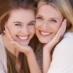 Image showing Mother, daughter and embrace with smile, closeup and love for happiness outside. Women, motherhood and mom for growth, connection and positivity while relaxing with family and sunshine, joy or fun