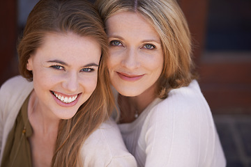 Image showing Loving, family and portrait mother and daughter smiling for happy, joyful and relax on vacation. Women, face and affectionate in relationship, security and bonding in America at home for connection