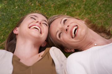 Image showing Mother, daughter and grass with smile, bonding and love with happiness in field. Women, motherhood and lawn for growth, connection and positivity while relaxing with summer sunshine and joy or fun