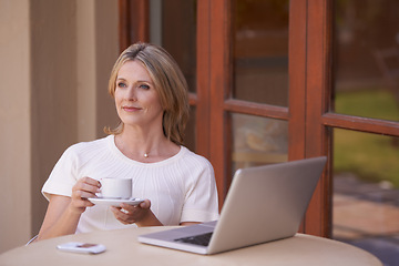 Image showing Thinking mature woman, coffee or remote working on outside table, home garden and entrepreneur for small business. Freelance writer, blogger or self employed, planning or research for ideas on laptop