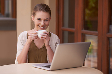 Image showing Happy woman, portrait and coffee with laptop on table for morning, remote work or drink at home. Young female person or freelancer with smile, beverage or cup of tea by computer for online networking