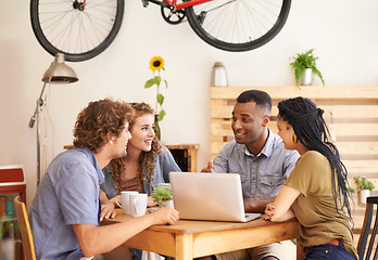 Image showing Business people, planning and happy team on laptop in cafe for remote work in startup. Computer, diverse group or friends in coffee shop for collaboration, meeting or creative designers brainstorming