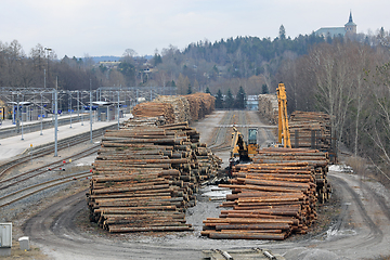 Image showing Stacks of Logs at Salo Railway Station, Finland