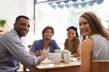 Image showing Portrait, diversity and university friends in restaurant together for bonding, college social and study. Coffee shop, brunch and people relax in cafe with books, drinks and sharing happy discussion