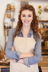Image showing Portrait, welcome and woman with confidence in bakery for service with happy small business owner. Coffee shop, restaurant or girl manager with smile, hospitality or entrepreneur at startup cafe.