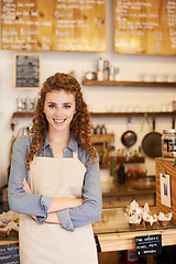 Image showing Portrait, welcome and woman with confidence in restaurant for service with happy small business owner. Coffee shop, cafe or bistro person with smile, hospitality or entrepreneur at startup bakery.