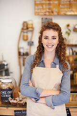 Image showing Portrait, welcome and happy woman with confidence in cafe service with small business owner. Coffee shop, restaurant or waitress with smile, hospitality or entrepreneur with arms crossed at startup.