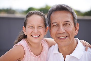 Image showing Happy, girl and grandpa in portrait outdoor on summer, holiday or vacation together in retirement with love. Senior, man and grandparent hug child and relax in backyard, garden or embrace in Mexico