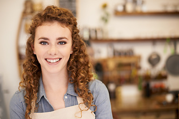 Image showing Portrait, welcome and woman with smile in restaurant for service with happy small business employee. Local coffee shop, cafe or bistro manager with hospitality, bakery or waitress at startup store