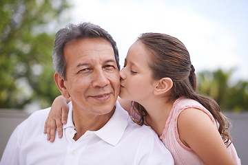 Image showing Outdoor, portrait and girl kiss grandpa on summer, holiday or vacation together in retirement with love. Senior, man and grandparent relax with child in backyard, garden or hug in Mexico with care