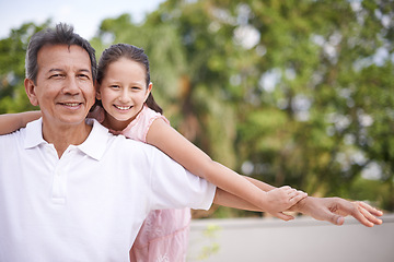 Image showing Outdoor, portrait and man with granddaughter, smile and piggyback in summer with grandchild and love. Mature person, happy and nature for playing with little girl, aeroplane and joy for senior