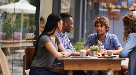 Image showing Drinks, chat and friends in restaurant together for bonding, fun social gathering and conversation. Coffee shop, brunch and people relax in sidewalk cafe for reunion, meeting and happy discussion.