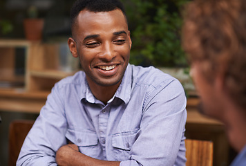 Image showing Smile, men and friends in restaurant together for bonding, fun social gathering and conversation. Coffee shop, brunch and people relax in cafe for reunion, communication and happy discussion.