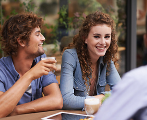 Image showing Portrait, woman and friends at coffee shop for fun, conversation and bonding together in Dublin. Happy, female person and smile for playful, discussion and rest and relaxation at outside venue