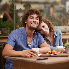 Image showing Smile, love and portrait of couple at coffee shop on romantic, anniversary or morning date. Happy, positive and young man and woman bonding at cafeteria or restaurant for cappuccino together.