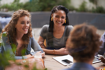 Image showing Smile, chat and friends in restaurant together for bonding, fun social gathering and conversation. Coffee shop, brunch and people relax in sidewalk cafe for reunion, drinks and happy discussion.