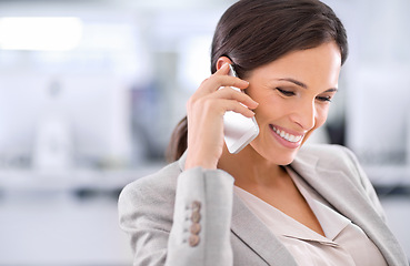 Image showing Happy, thinking and woman with professional phone call in office for communication of investment. Investor, smile and networking on smartphone with information for client on stocks, strategy or idea