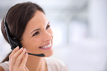Image showing Call center, agent and smile with thinking in office for customer service, communication and support. Woman, headset and technology with vision for consulting, telemarketing or help for clients
