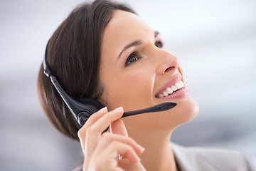 Image showing Call center, woman and smile with vision in office for customer service, communication and tech support. Agent, happy and headset with thinking for consulting, telemarketing or help for clients