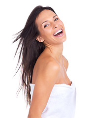 Image showing Woman, portrait and laugh with beauty and towel from spa, shower or morning routine in studio. Skincare, wellness and body cleaning with smile and dermatology with cosmetics and white background