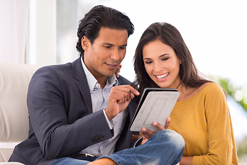 Image showing Communication, couple and tablet for social media, streaming or online shopping. Happy man, married couple and woman in living room browsing internet, conversation or reading post with technology.