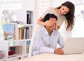 Image showing Couple, surprised and covering eyes in home office for anniversary, love or visit while laughing. Married people, happy and funny at remote work and technology for affection, jokes and playfulness