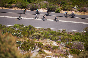 Image showing Group of friends, cycling and road for exercise, training and fitness with bonding together outside. Aerial, people and bicycles on highway for health, workout and outdoor activity in Portugal