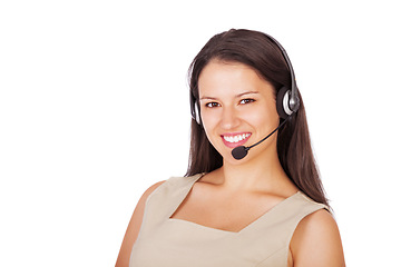 Image showing Businesswoman, portrait and headset at call center for customer service, communication or telemarketing. Female person, face and studio on white background as advisor or support, help or mockup space