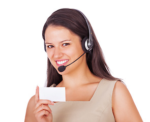 Image showing Woman, portrait and headset with business card or telemarketing communication, contract us or information. Female person, paper or white background in studio or customer service, consulting or mockup