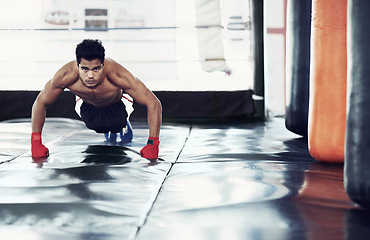 Image showing Athlete, portrait and push ups for sports in gym for training, wellness and workout for body. Man, exercise and gloves on hands, muscle and health for person in fitness centre, strong and serious
