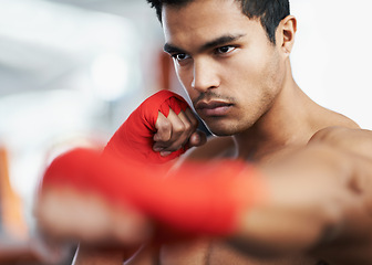 Image showing Boxer, man and training for sports competition, fitness and exercise for health. Professional fighter, workout and gym for wellness person, strong athlete body and champion mma for martial arts