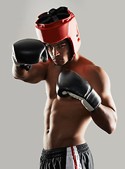 Image showing Man, portrait and in studio with boxing gear for safety while fighting, tough and serious for competition. Male person, protection wear and ready for self defense match, mma and physical sports